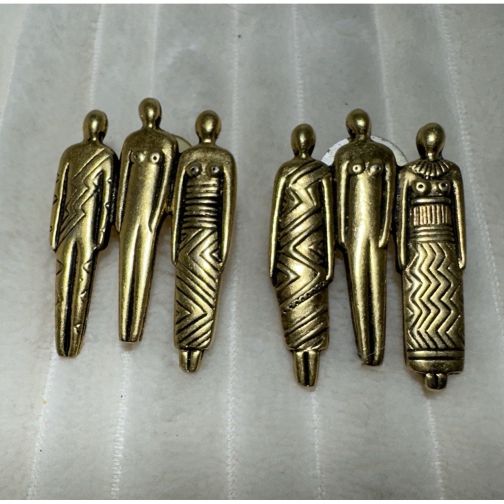 Vintage Laurel Burch Signed Tribal Spirit 3 Figures Pierced Earrings Gold Tone